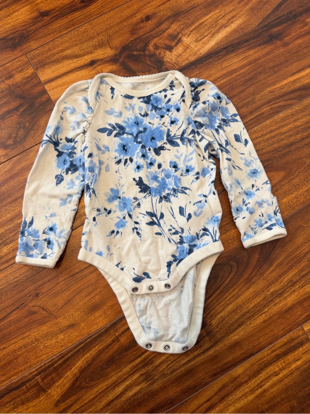 GAP Cream and Blue Floral Long Sleeve Baby Bodysuit